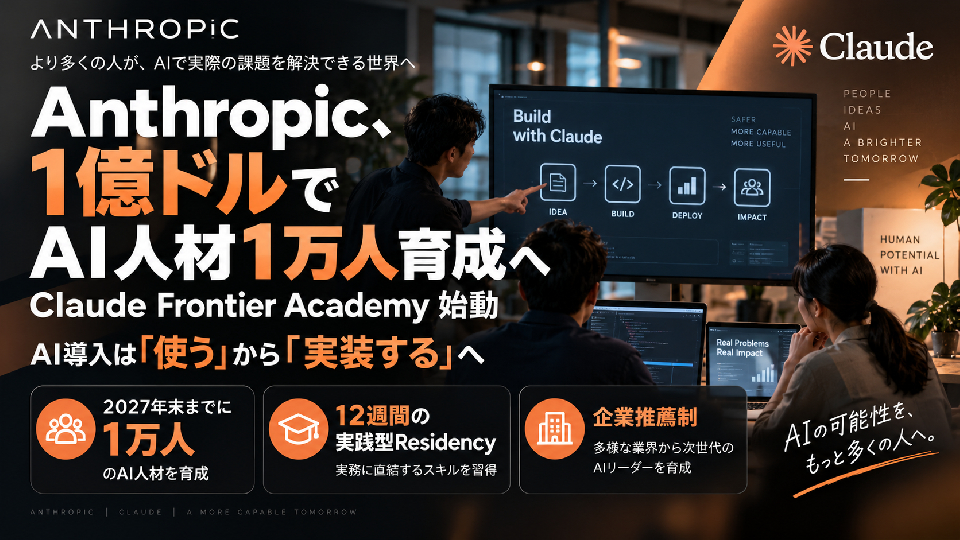 Anthropic、1億ドルでAI人材1万人育成へ。「Claude Frontier Academy」始動