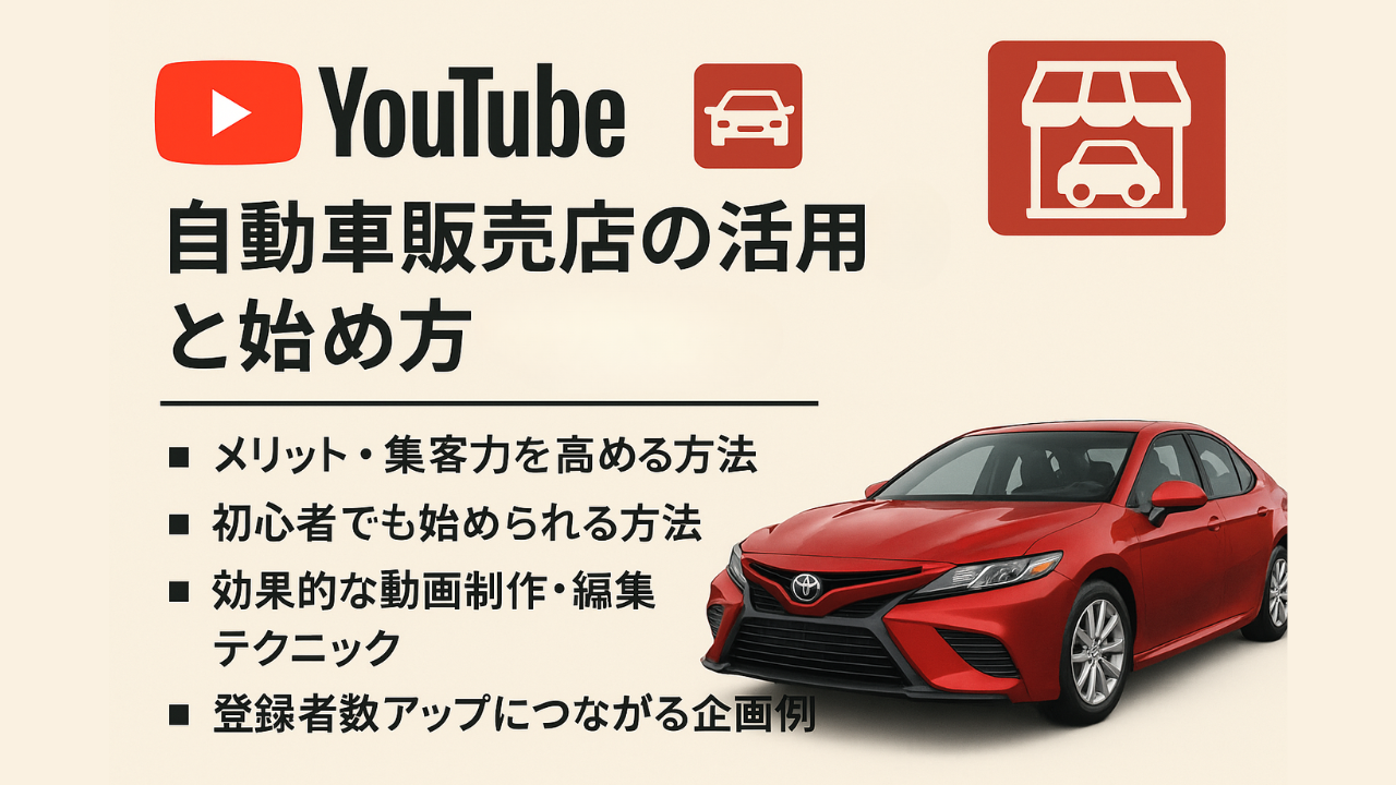 YouTubeを活用した自動車販売店向け集客ノウハウを紹介する画像。赤いトヨタ車と、動画制作のポイントが箇条書きで記載されている。
